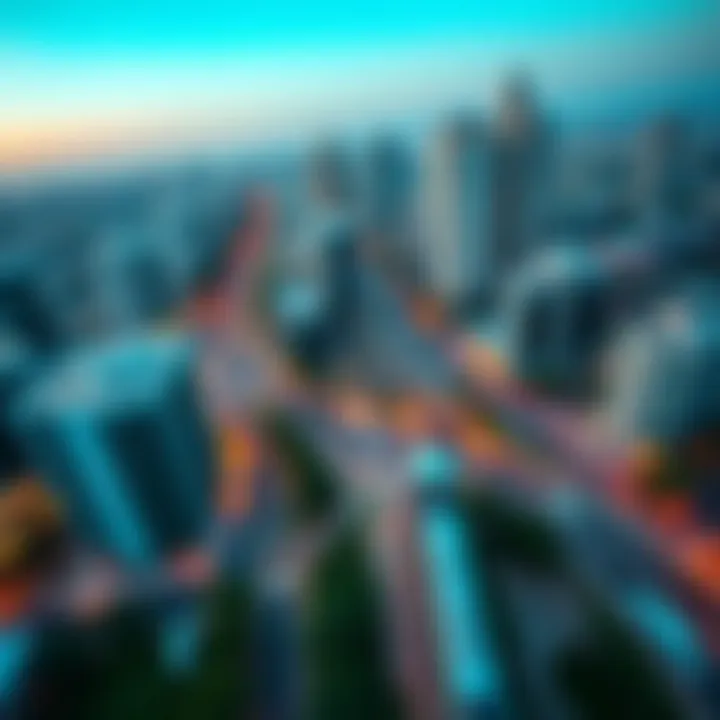 Aerial view of International City with metro station