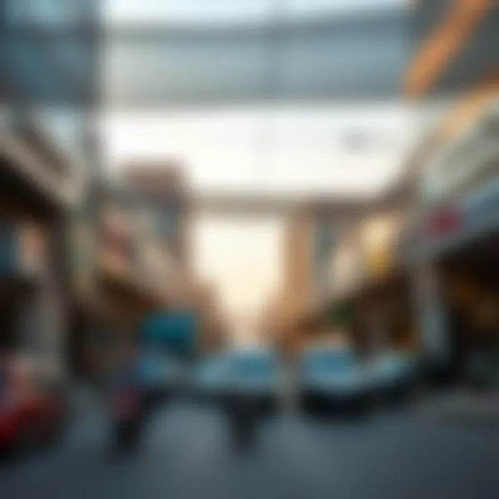 A bustling commercial area in Al Jaddaf with shops and offices.