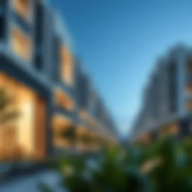 Modern residential buildings in Al Jaddaf highlighting architectural design.