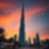 Stunning view of Al Saadah Tower against a sunset sky