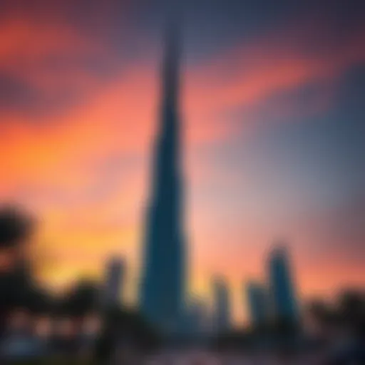 Stunning view of Al Saadah Tower against a sunset sky