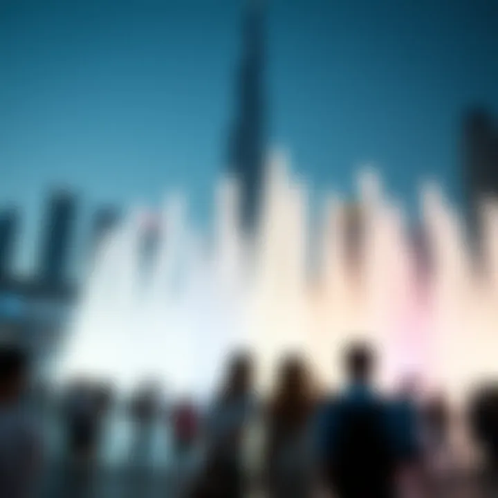 Engagement of Visitors at Burj Khalifa Fountain Crowd enjoying the Burj Khalifa fountain performance