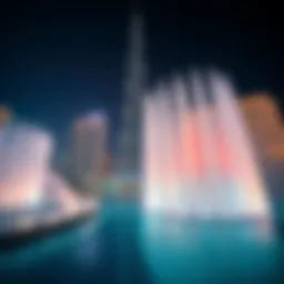 Spectacular view of Burj Khalifa fountains at night