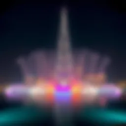 Majestic view of the Burj Khalifa water show at night