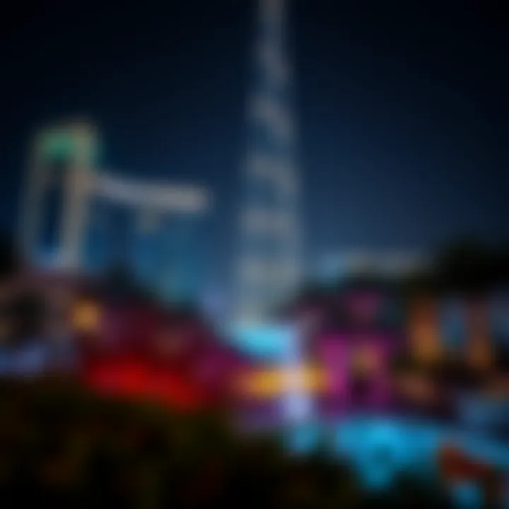Night view of Burj Park illuminated with vibrant lights