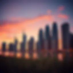 Stunning skyline view of Business Bay residential towers at sunset