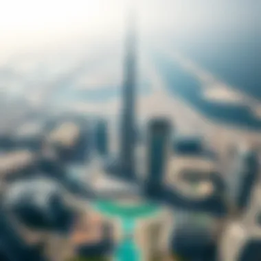 Aerial View of Dubai's Skyline Featuring Burj Khalifa Aerial view of Dubai's urban landscape with Burj Khalifa as the focal point
