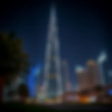Illuminated Night View of Burj Khalifa Night view of Burj Khalifa illuminated, showcasing its grandeur