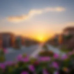 Stunning view of District One Nakheel's luxury villas at sunset