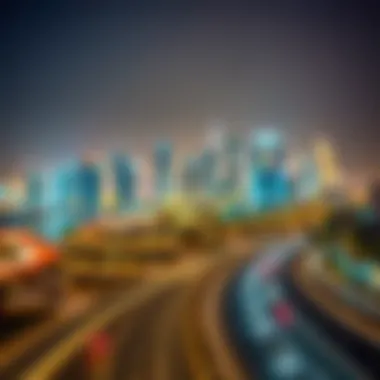 Illuminated Skyline along Sheikh Zayed Road Curve Night view of Sheikh Zayed Road showcasing illuminated skyline and curve