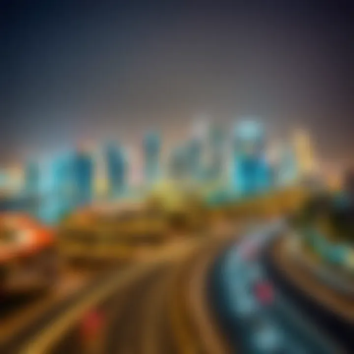 Illuminated Skyline along Sheikh Zayed Road Curve Night view of Sheikh Zayed Road showcasing illuminated skyline and curve