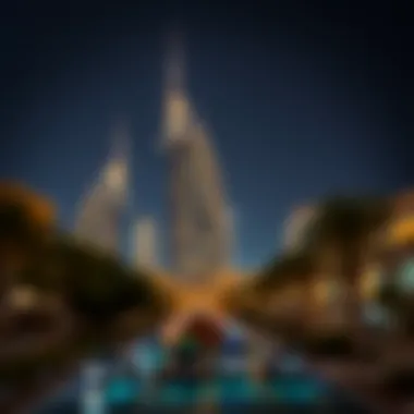 Night view of برج الانوار illuminated against the Dubai skyline