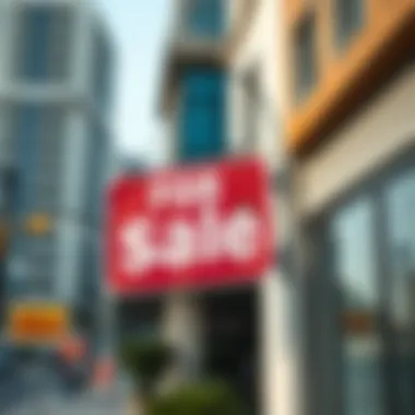 Close-up of a 'For Sale' sign on a commercial property in Dubai