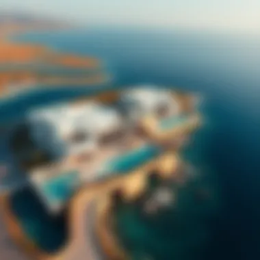 Aerial View of Damac Lagoons Mykonos Stunning aerial view of Damac Lagoons Mykonos showcasing luxurious villas and serene water features