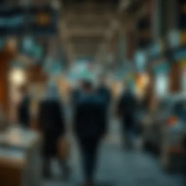 A bustling real estate market scene with professionals engaging