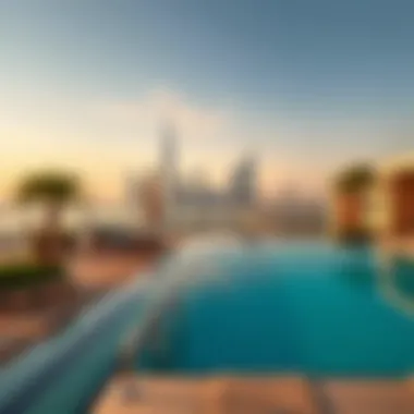 A stunning view of a luxury hotel with a private pool overlooking Dubai's skyline