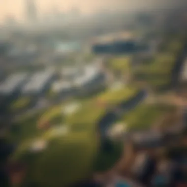Aerial View of Dubai Golf Course Aerial shot of a golf course with immaculate greens and fairways amidst Dubai's skyline