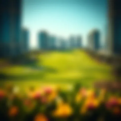 Stunning view of a luxurious golf course surrounded by skyscrapers in Dubai