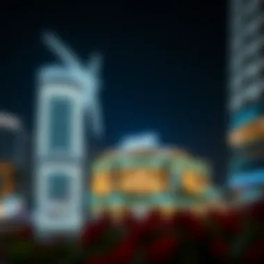 Nighttime view of الهيلي مول illuminated, emphasizing its significance in Dubai