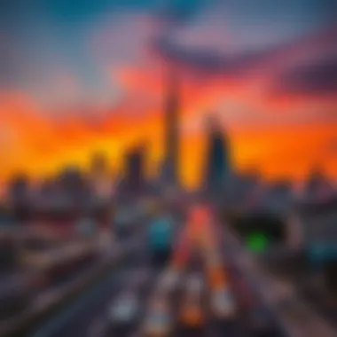 Skyline View at Sunset Vibrant skyline view along Sheikh Zayed Road at sunset