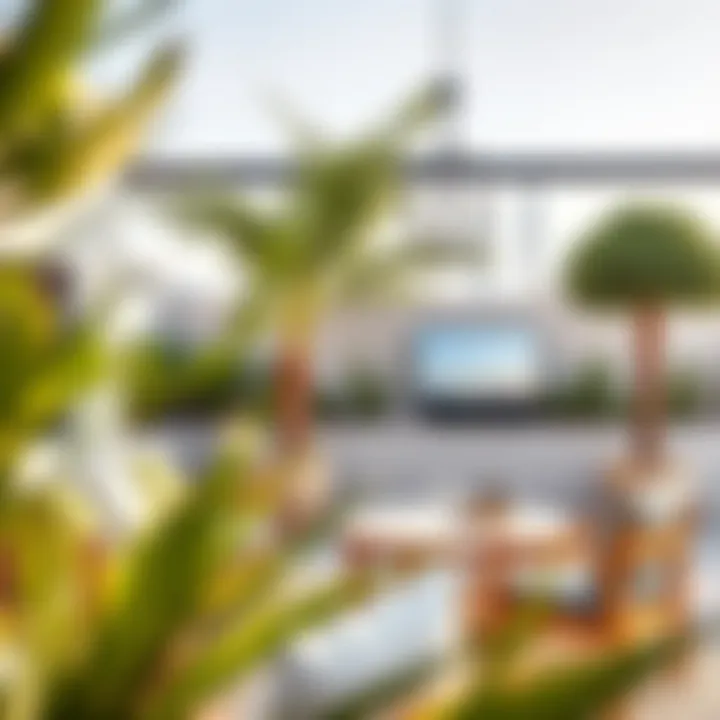 Outdoor terrace with a blend of greenery and modern furniture