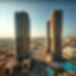 Aerial view of International City in Dubai showcasing studio apartments