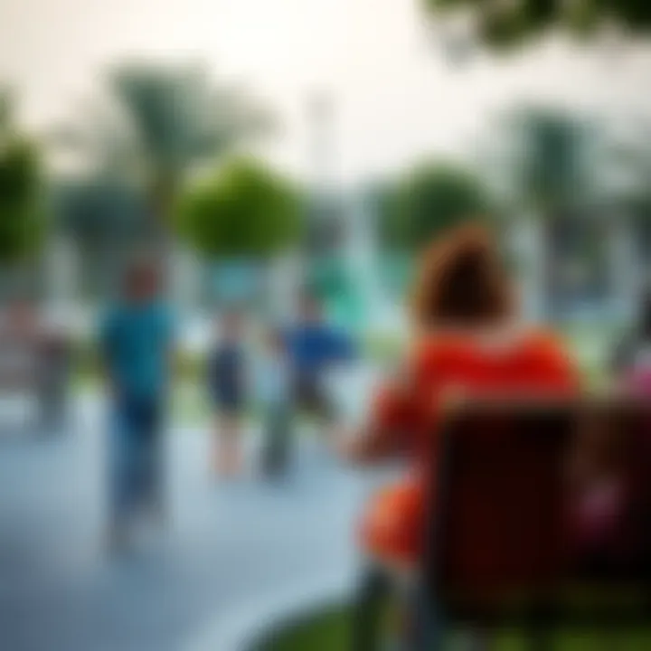 Community park in Jumeirah Village Circle with families enjoying leisure