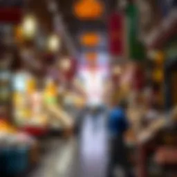 A vibrant view of the bustling market stalls in Karama Souk showcasing diverse products