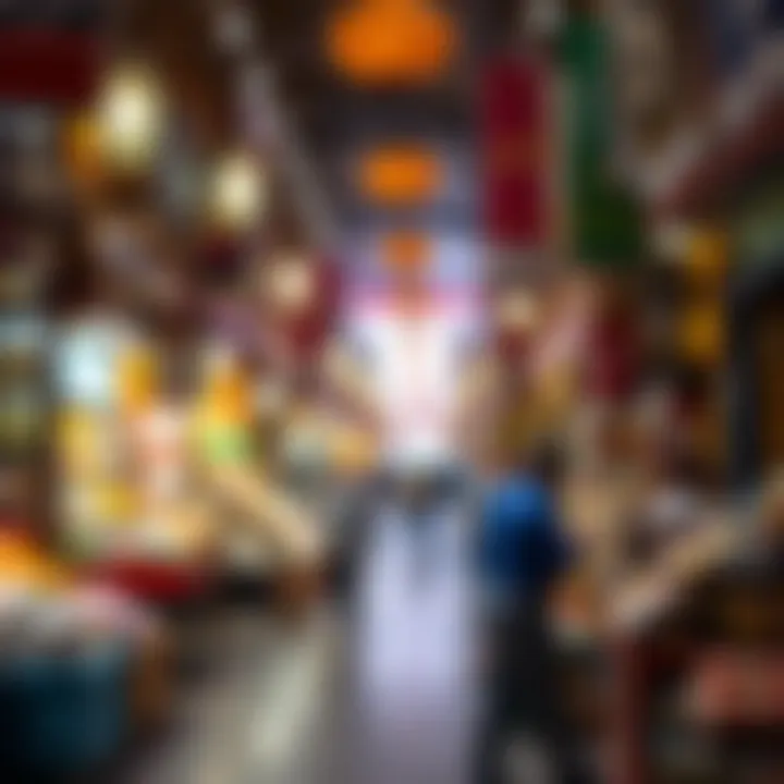 The Vibrancy of Karama Souk A vibrant view of the bustling market stalls in Karama Souk showcasing diverse products