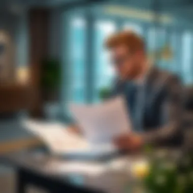 A person reviewing rental agreements in a modern office setting