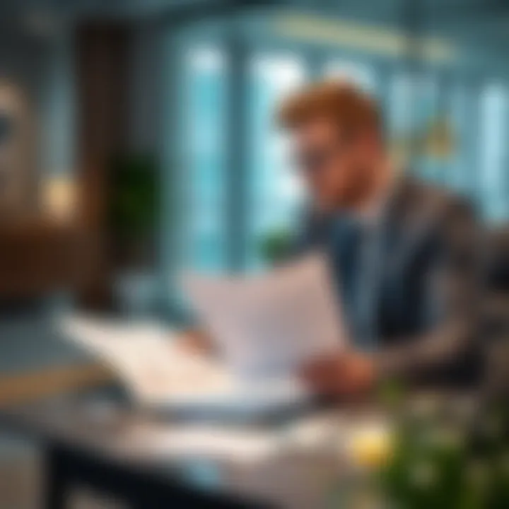 A person reviewing rental agreements in a modern office setting