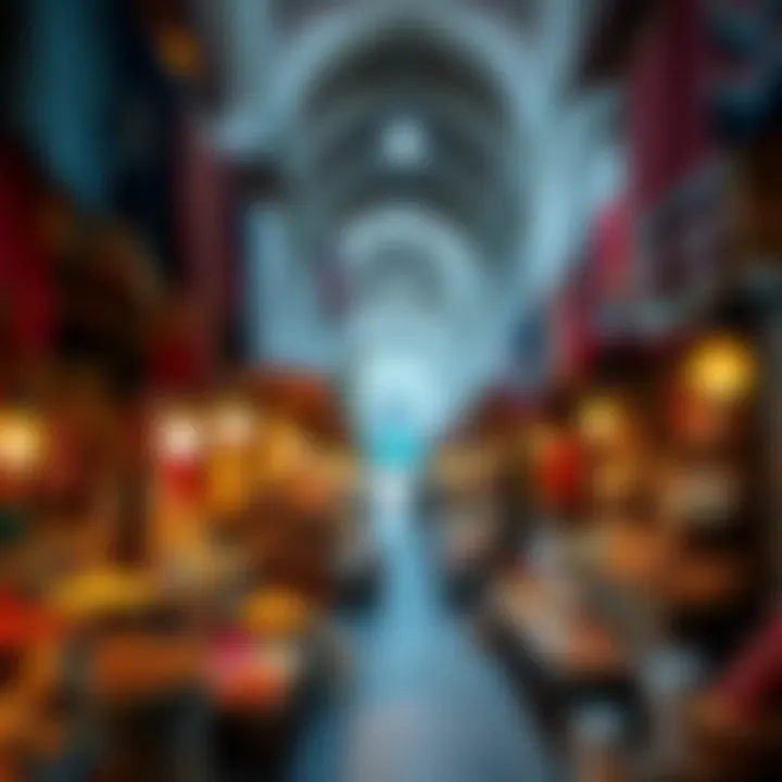 A vibrant view of traditional stalls in Dubai's Old Souk showcasing textiles and spices