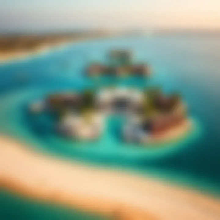 Aerial Perspective of Exclusive Villas on a Private Island Aerial view of a private island with exclusive villas