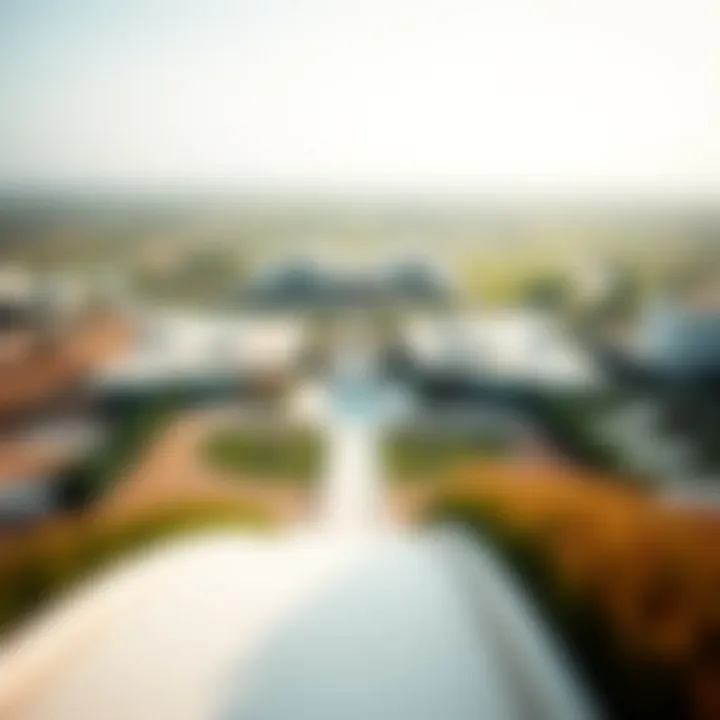 A panoramic view of a luxurious Dubai ranch showcasing its vast greenery and modern architecture