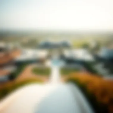 Luxurious Dubai Ranch Landscape A panoramic view of a luxurious Dubai ranch showcasing its vast greenery and modern architecture
