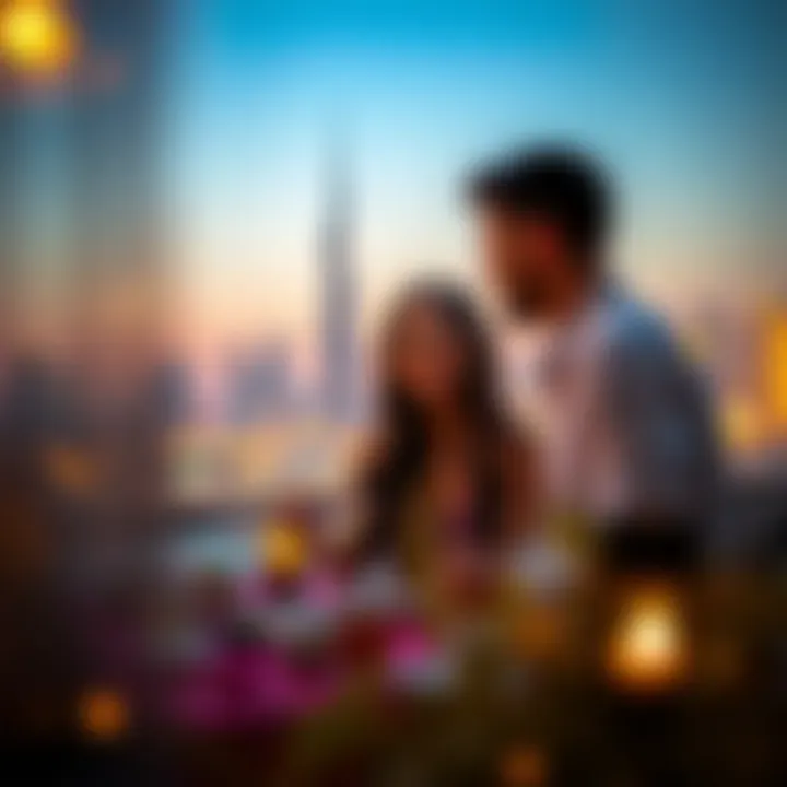 Couple enjoying a romantic dinner with city skyline