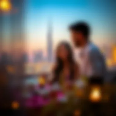 Culinary Romance with a Skyline Backdrop Couple enjoying a romantic dinner with city skyline