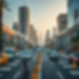 A panoramic view of Sheikh Zayed Street showcasing its modern architecture and bustling atmosphere