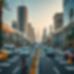 A panoramic view of Sheikh Zayed Street showcasing its modern architecture and bustling atmosphere