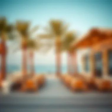 A serene beachfront cafe with lounge chairs and palm trees, perfect for relaxation