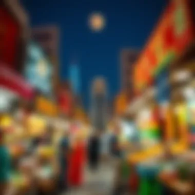 An artistic view of a bustling market with colorful stalls and lively ambiance