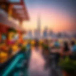 A vibrant evening scene at a popular rooftop lounge in Dubai showcasing the city skyline