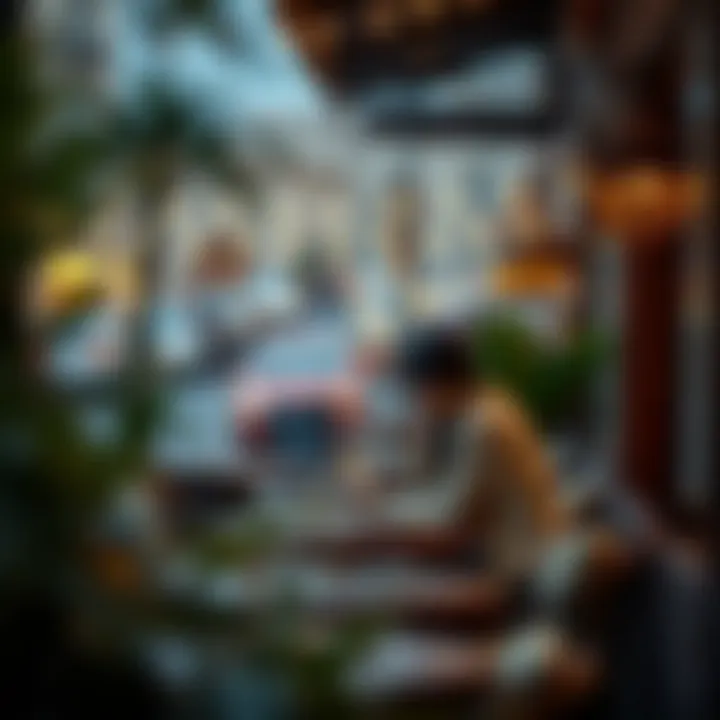 A cozy couple enjoying a quiet moment at a picturesque café in the city.