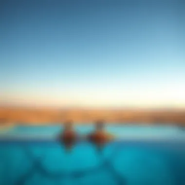 Couples relaxing by a serene infinity pool overlooking the desert landscape.