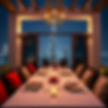 A luxurious dining setup on a private terrace with a view of the Burj Khalifa.