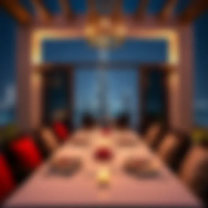 A luxurious dining setup on a private terrace with a view of the Burj Khalifa.