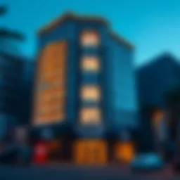 Stunning facade of the Blue Diamond Building at dusk