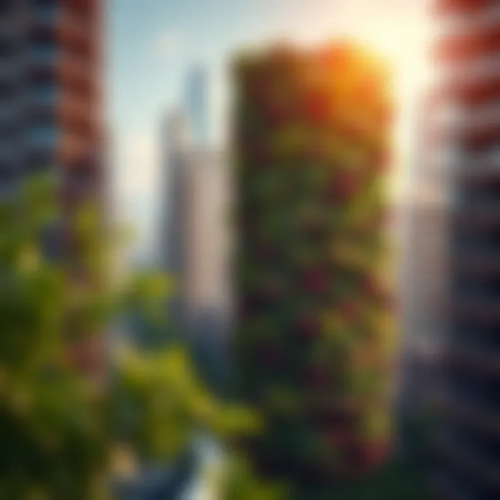 A conceptual design of a vertical garden integrated into a cityscape.
