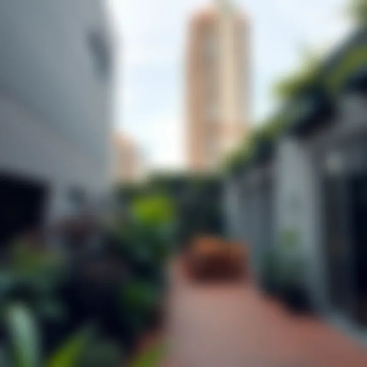 A serene urban space enhanced by greenery from vertical gardens.