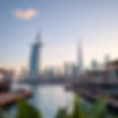 Dubai Skyline from the Waterfront Perspective Breathtaking view of Dubai skyline from a waterfront mall